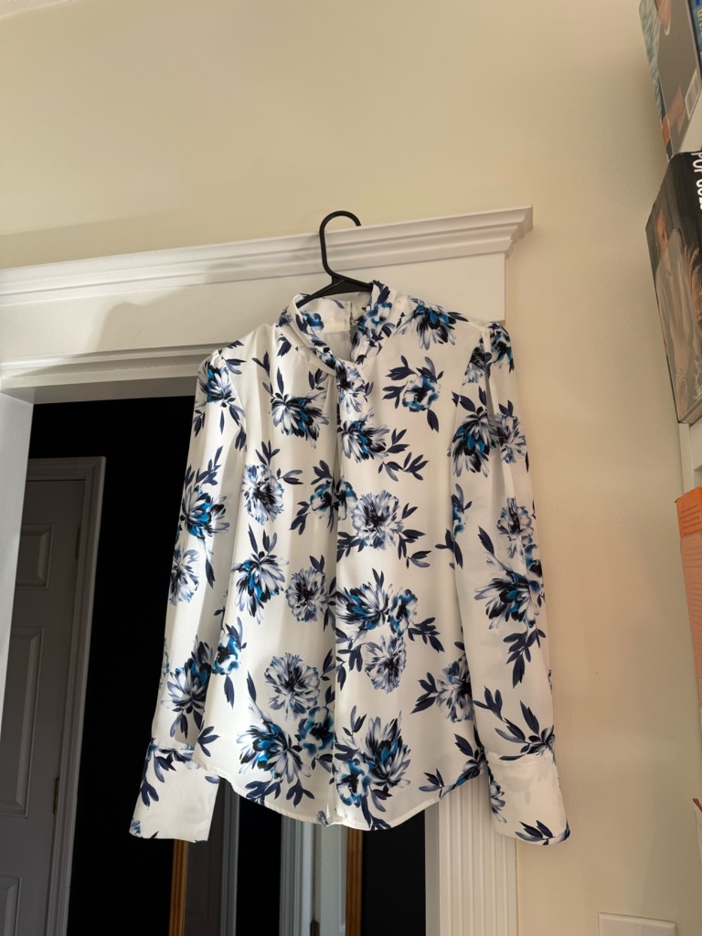 White House Black Market White Button-Up Shirt with Blue Floral Print
